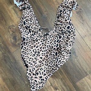 Beige Animal Print Ruffle Maternity One-Piece Swimsuit